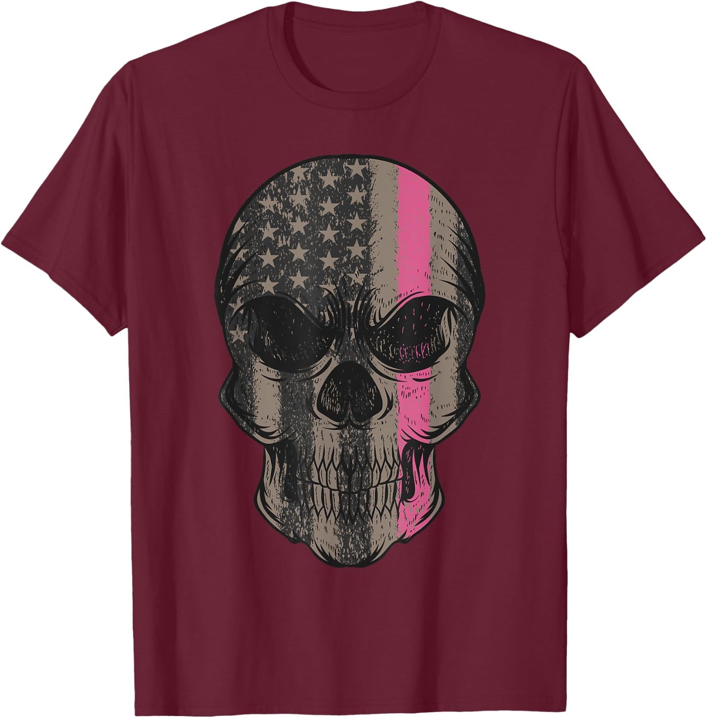 Thin Pink Line Breast Cancer Awareness American Flag Skull Women Men T-Shirt - T-Shirt | Maroon