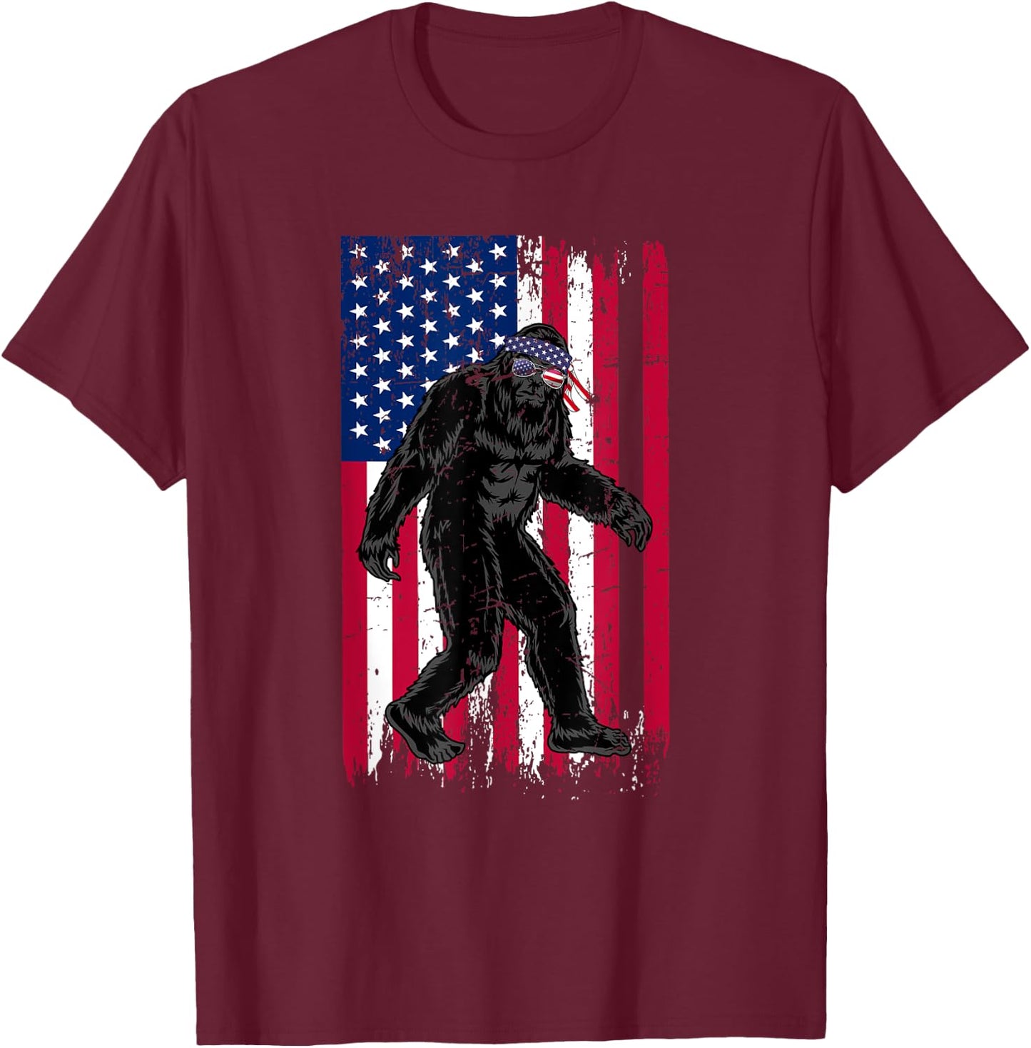 Vintage Bigfoot American Flag Art 4th of July Party T-Shirt - T-Shirt | Maroon