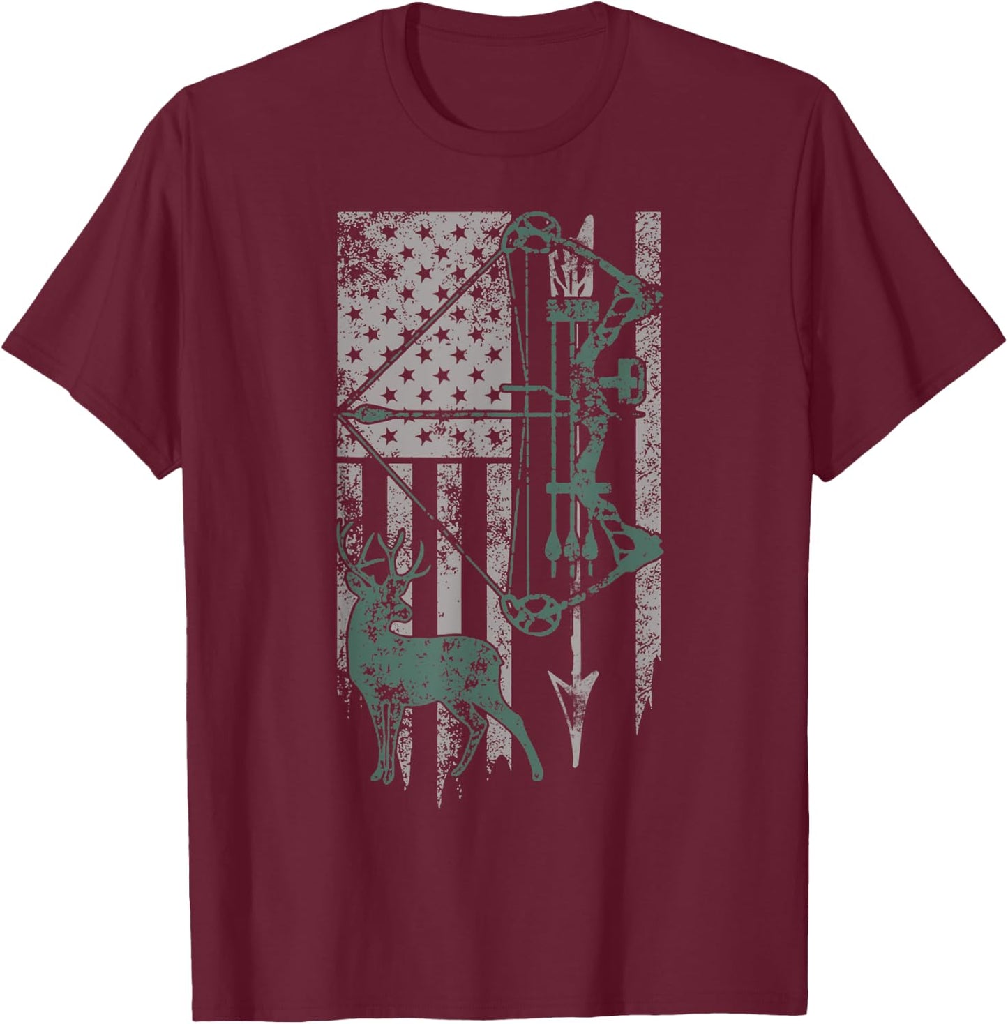 Deer Hunter Bow Vintage Distressed American Flag Patriotic Women Kids Men T-Shirt - T-Shirt | Maroon