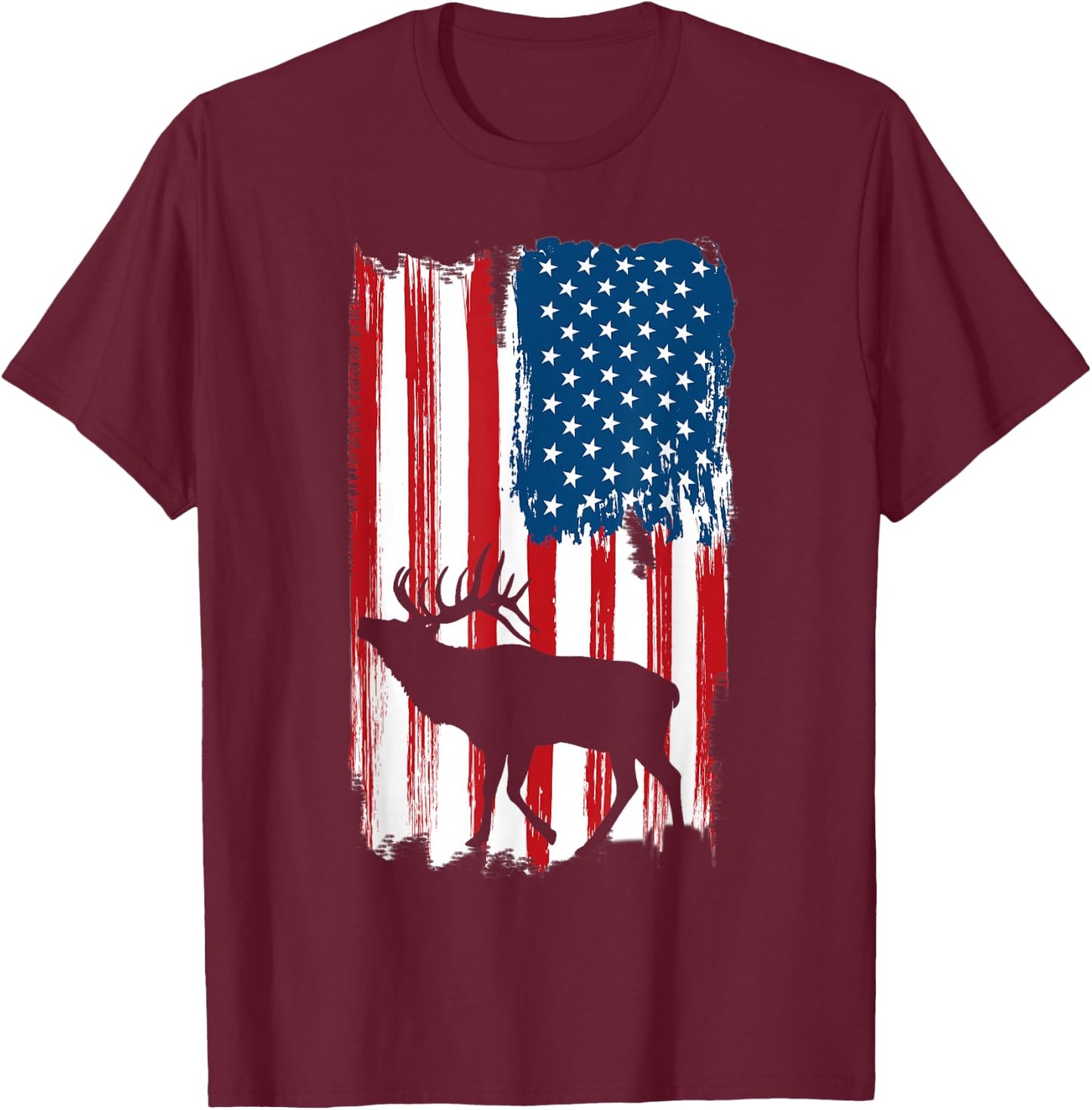 Vintage Patriotic American Flag Elk Hunter Hunting Sportsman T-Shirt - T-Shirt | Maroon