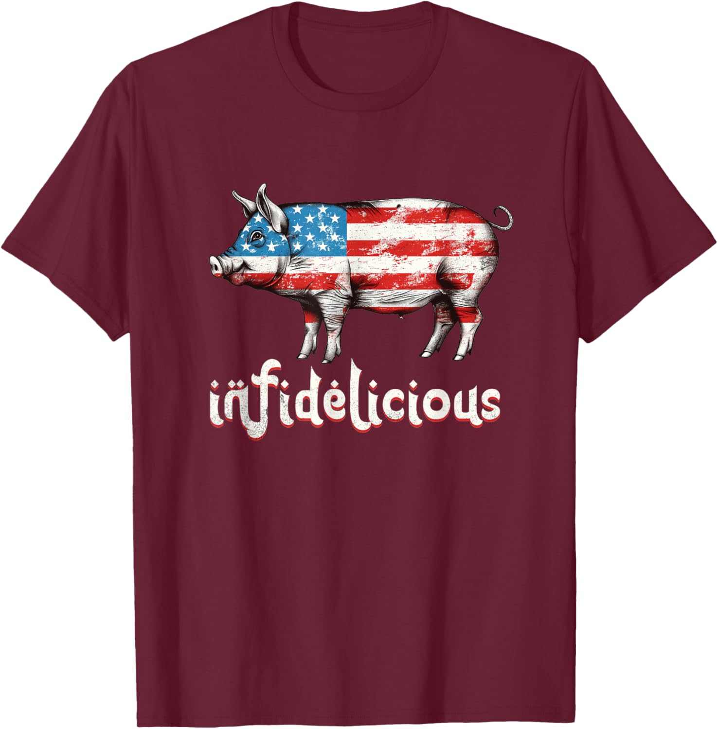 Infidelicious - Funny Barbecue Pork BBQ Pig American Flag Women Kids Men T-Shirt - T-Shirt | Maroon