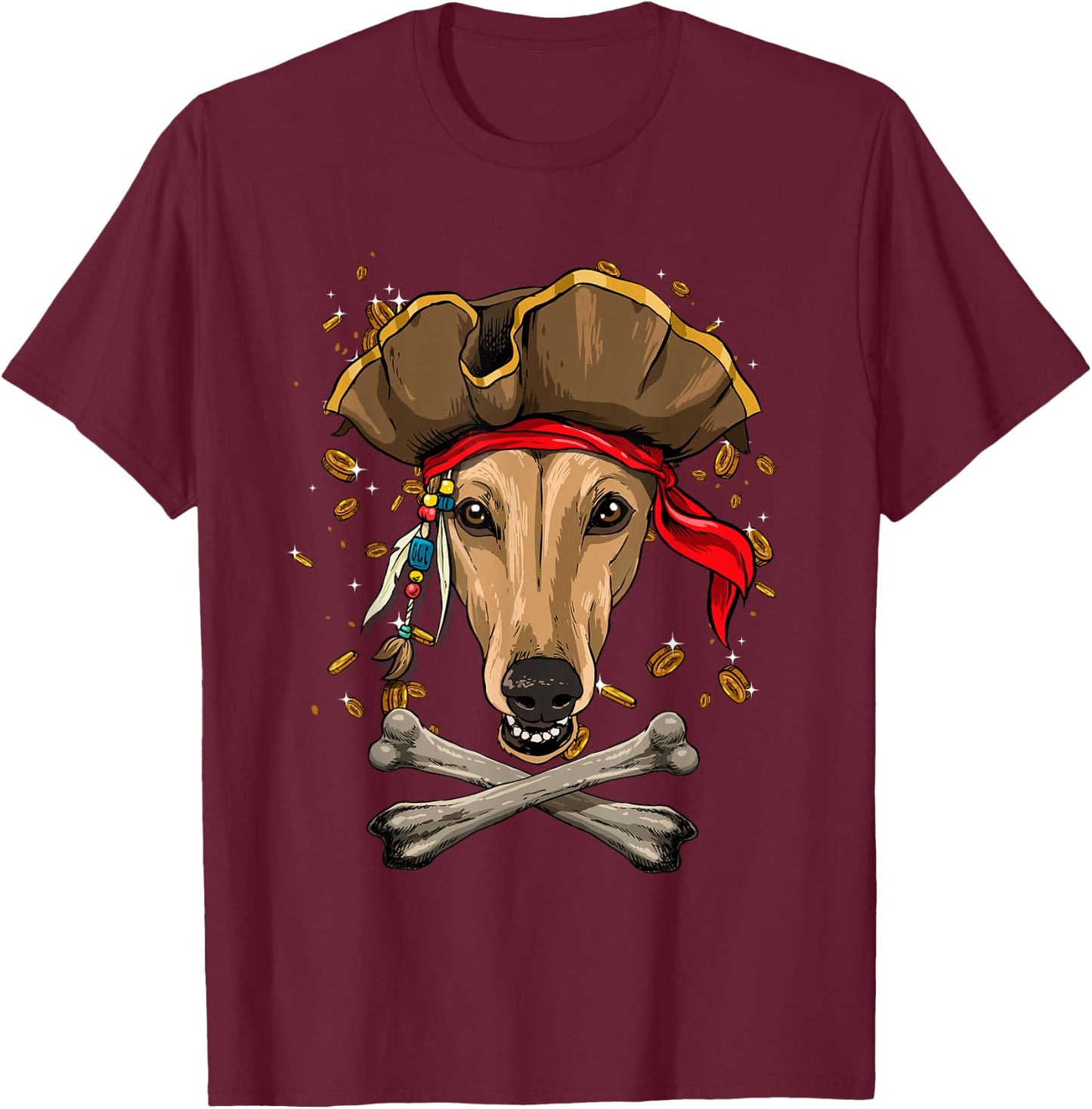 Greyhound Pirate Dog Halloween Jolly Roger T-Shirt - T-Shirt | Maroon