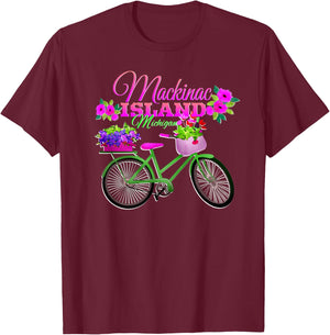 Mackinac Island Michigan Gift Vacation Vintage Bike Flowers T-Shirt - T-Shirt | Maroon