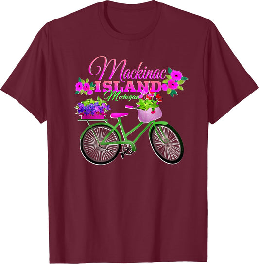 Mackinac Island Michigan Gift Vacation Vintage Bike Flowers T-Shirt - T-Shirt | Maroon