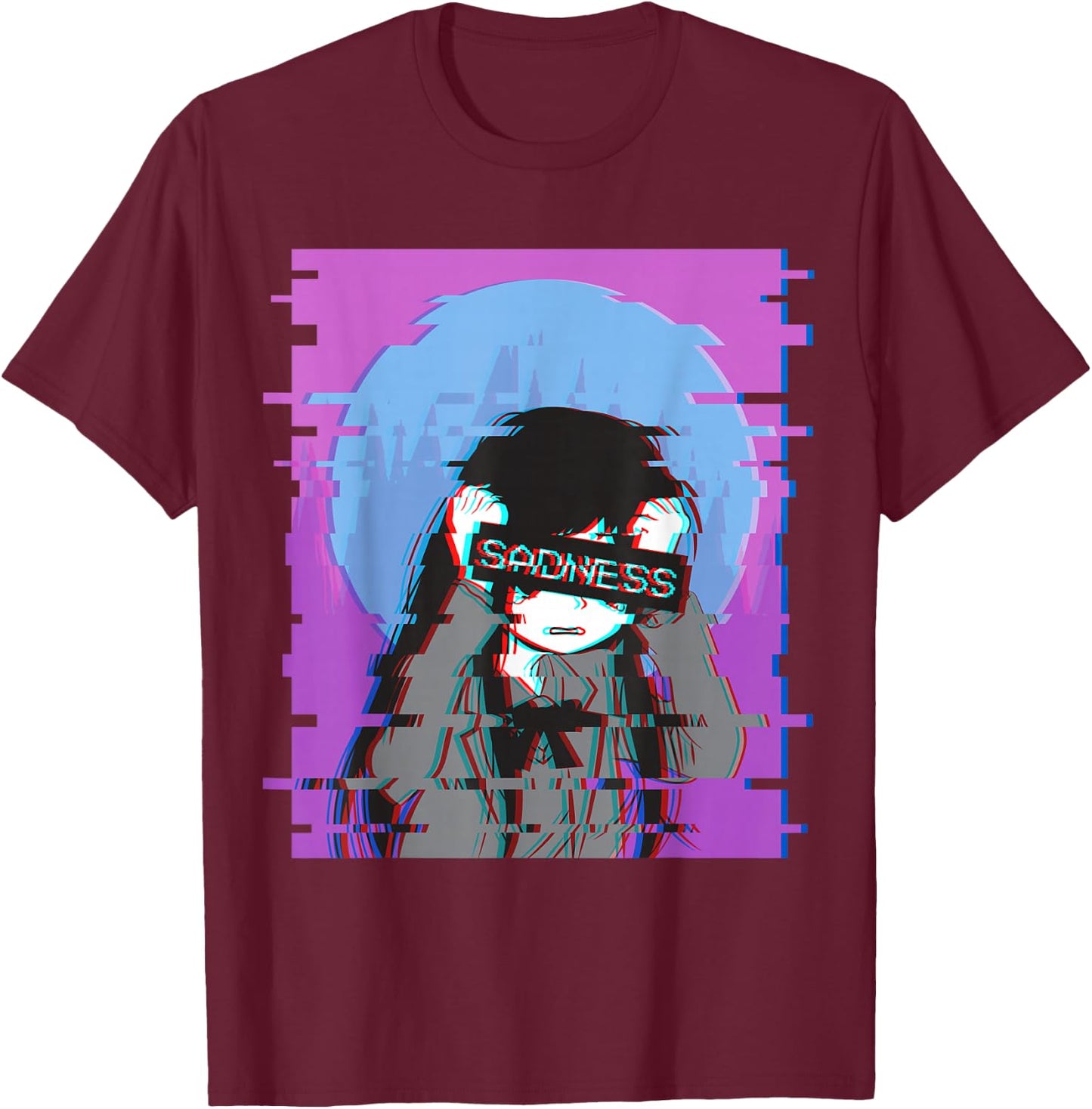 Sad Anime Girl - Japanese Aesthetic Vaporwave Anime Otaku T-Shirt - T-Shirt | Maroon