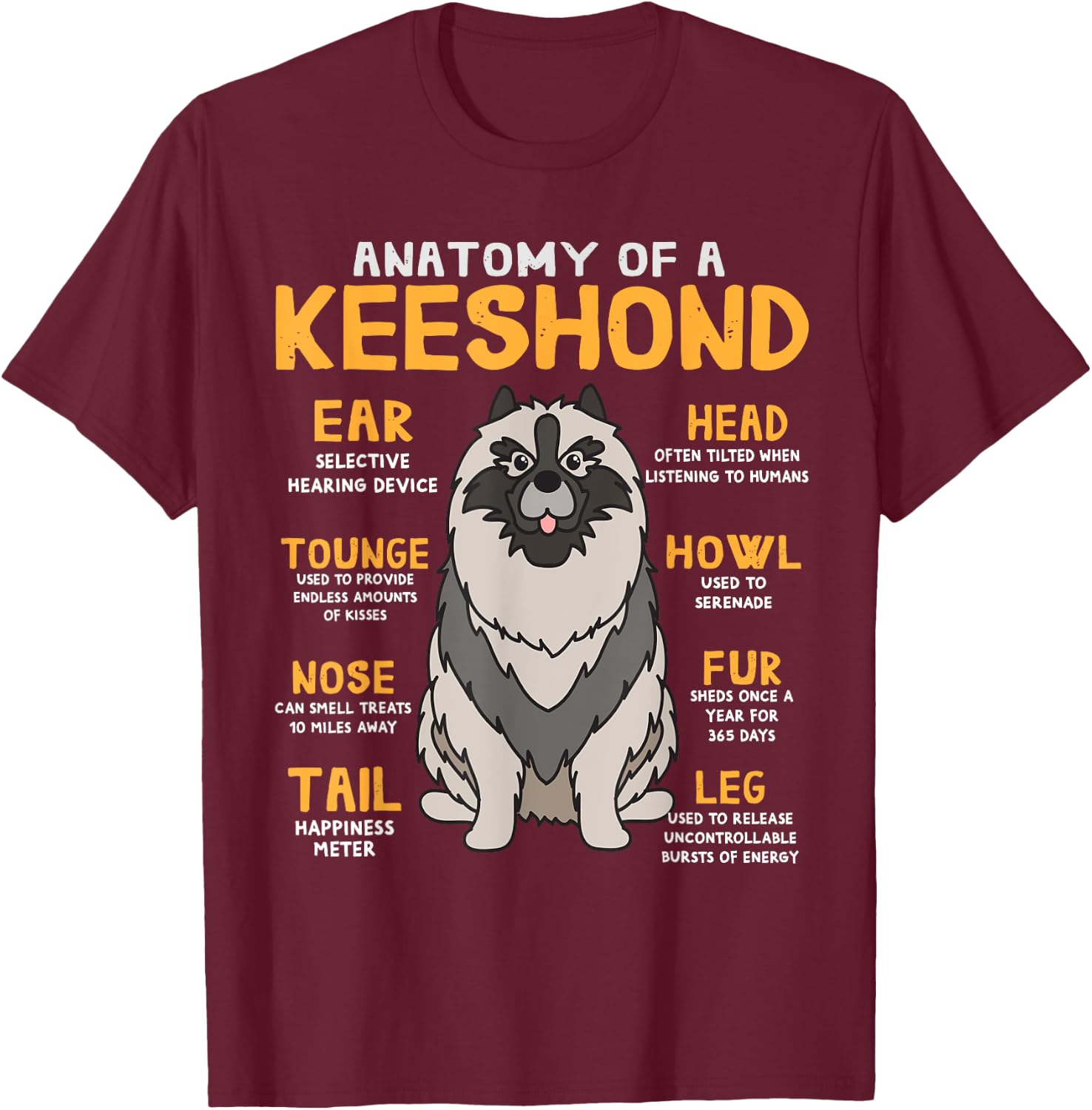 Keeshond Anatomy Funny Dog Mum Dad Gift T-Shirt - T-Shirt | Maroon