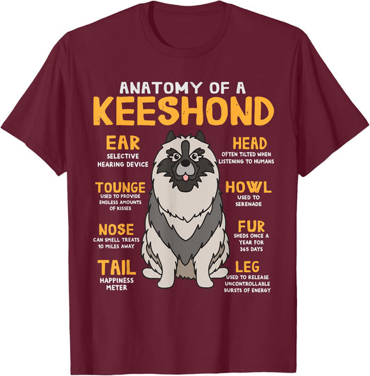 Keeshond Anatomy Funny Dog Mum Dad Gift T-Shirt - T-Shirt | Maroon