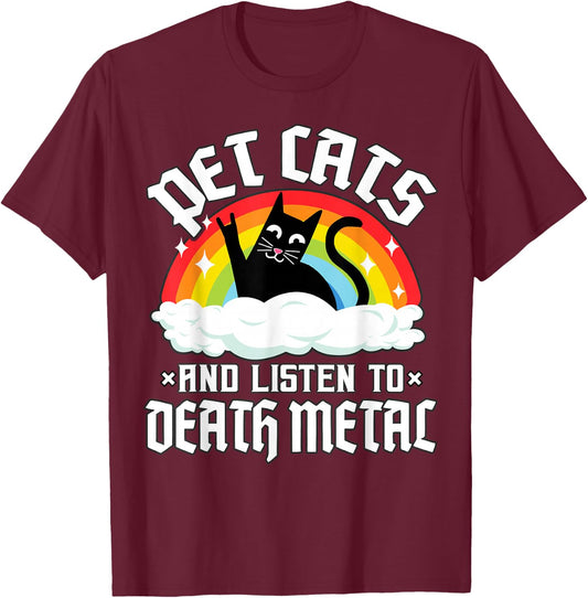 Rainbow Satan Goth Pet Cats and Listen to Death Metal Cat T-Shirt - T-Shirt | Maroon