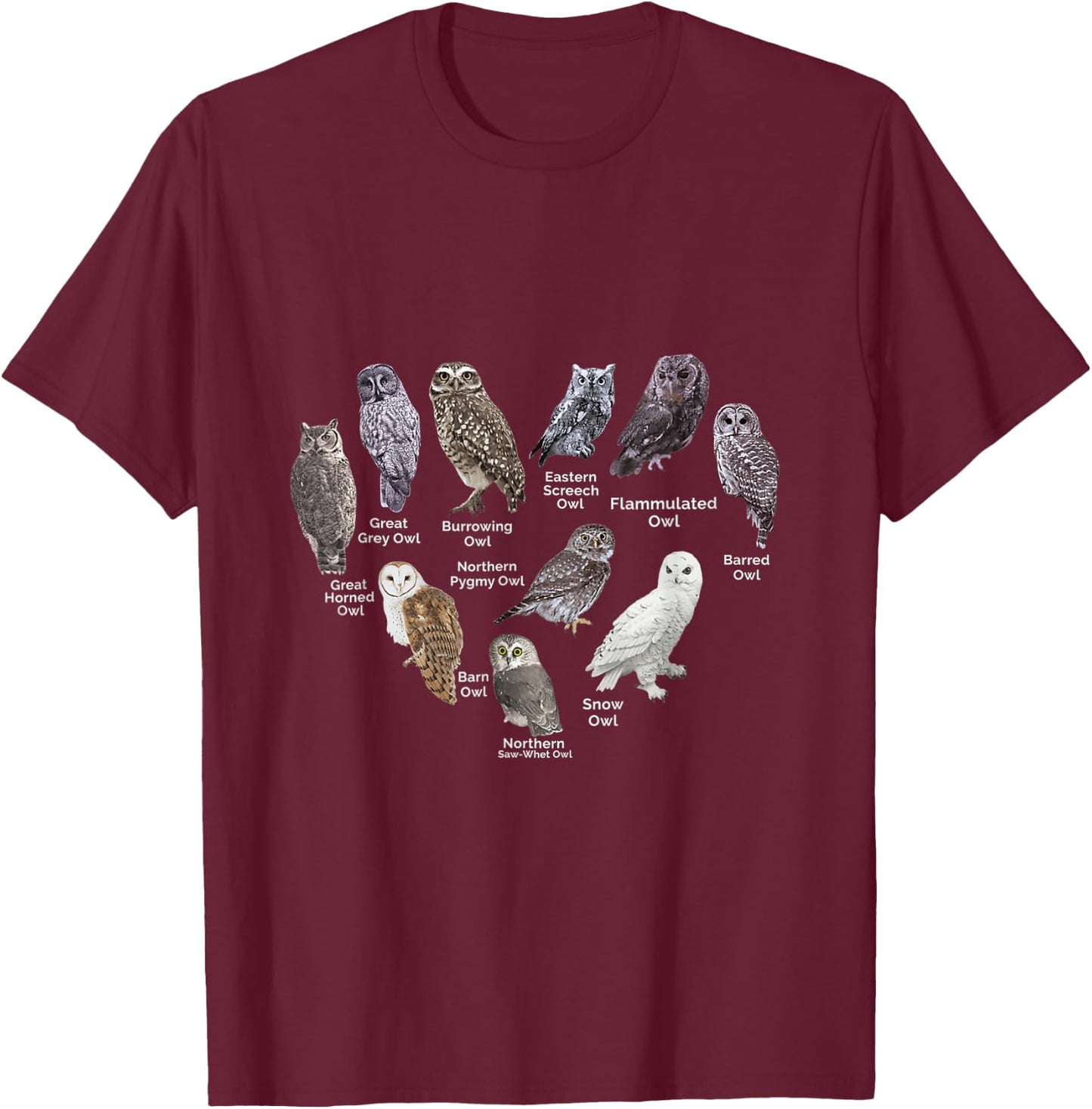 Types of Owls Educational Cute Owl Lover gift men women kids T-Shirt - T-Shirt | Maroon