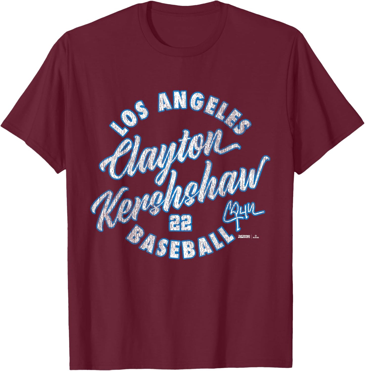 Clayton Kershaw Los Angeles Baseball Vintage Cursive MLBPA T-Shirt - T-Shirt | Maroon