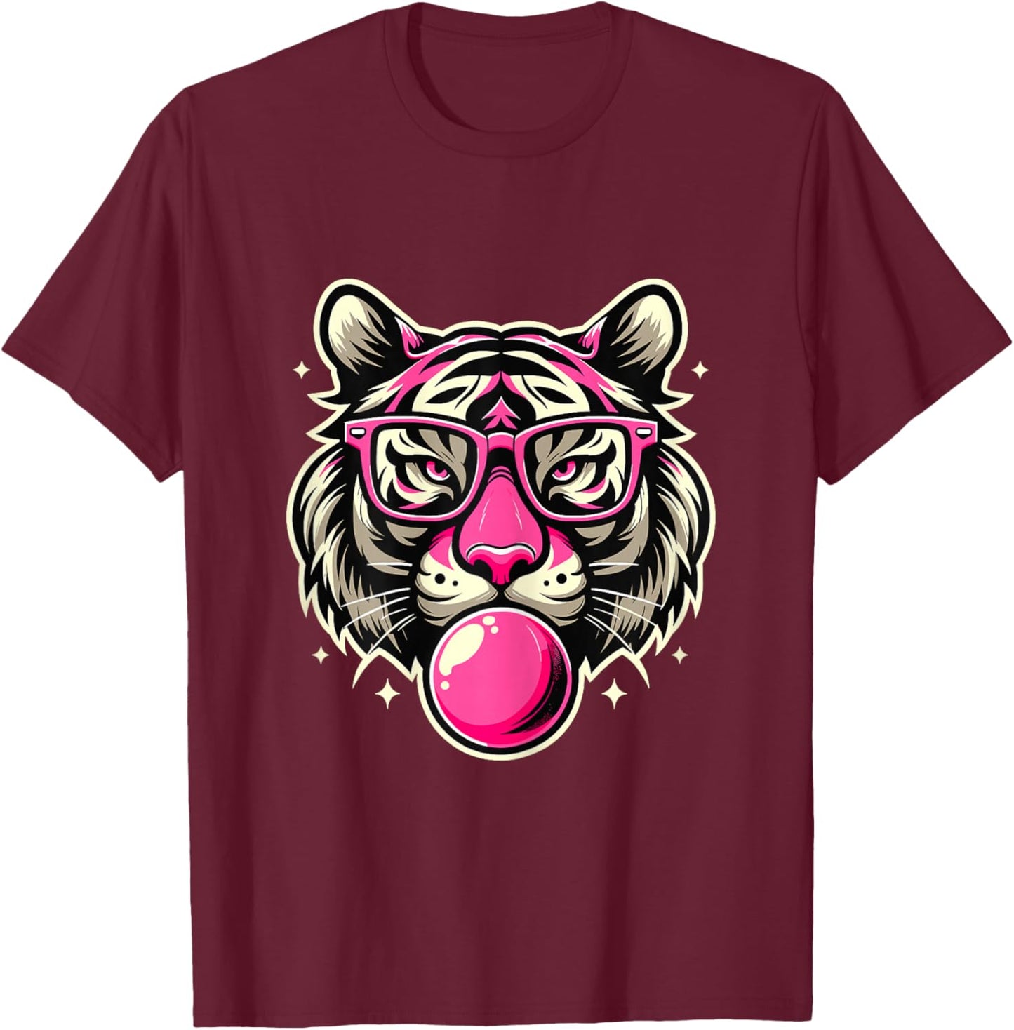Pink Tiger with Glasses and Bubblegum T-Shirt - T-Shirt | Maroon