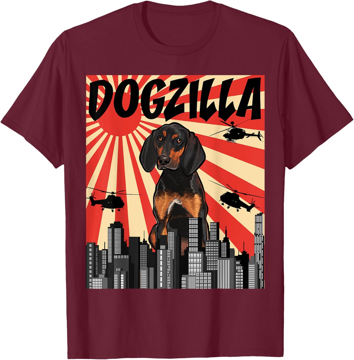 Funny Retro Japanese Dogzilla Black and Tan Coonhound T-Shirt - T-Shirt | Maroon