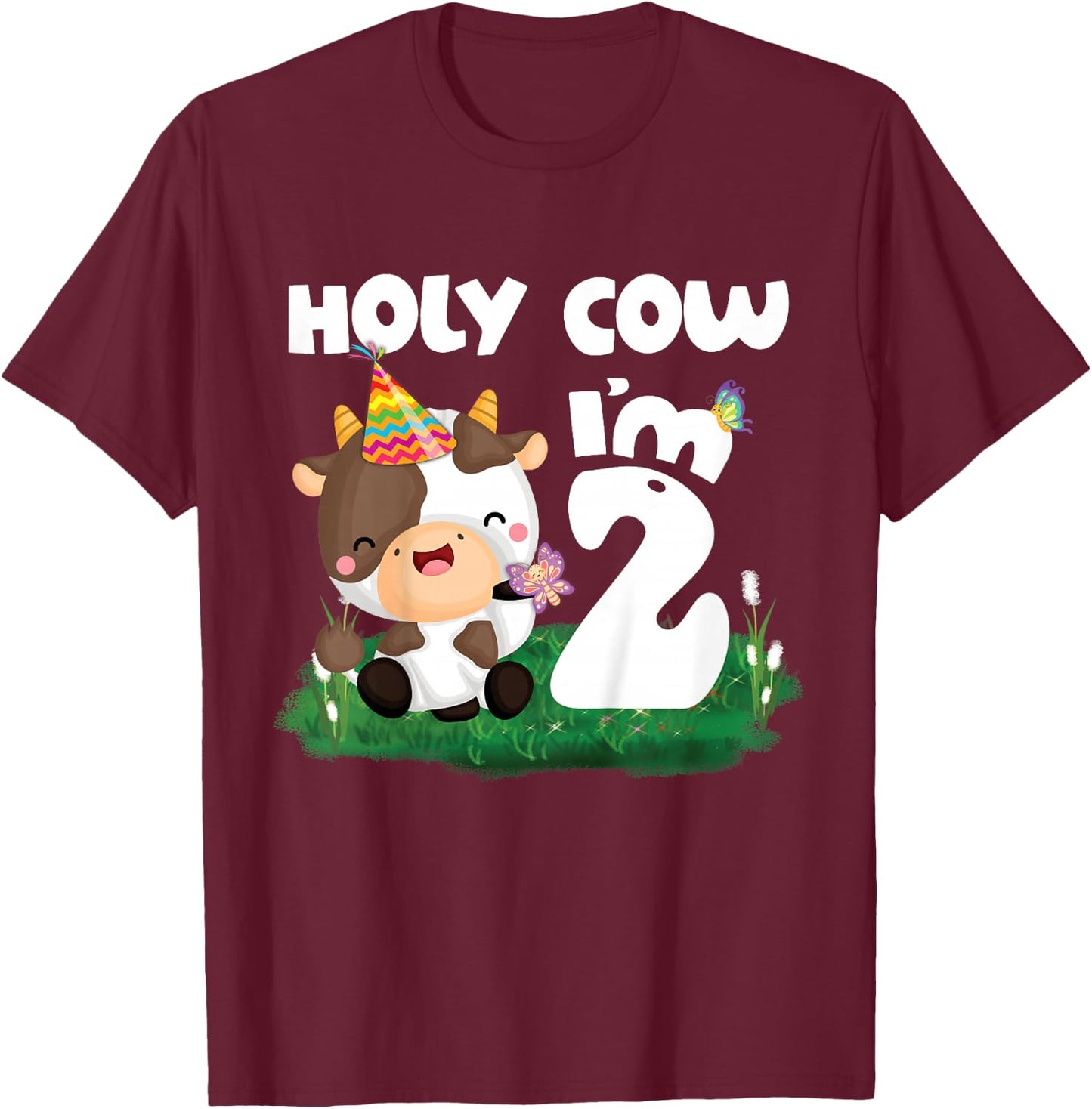 Holy Cow I'm 2 Two Birthday Girl Boy Moo Moo 2nd Birthday T-Shirt - T-Shirt | Maroon