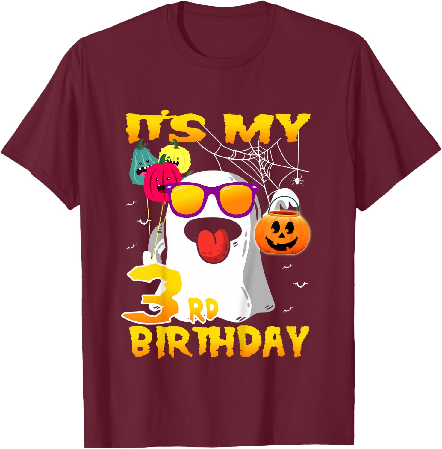 Kids It's My 3rd Birthday Ghost Pumpkin Halloween Party 3 years T-Shirt - T-Shirt | Maroon