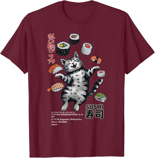 Anime-Style Sushi Cat: Harajuku Tokyo Japan Cat Cafe Women Kids T-Shirt - T-Shirt | Maroon