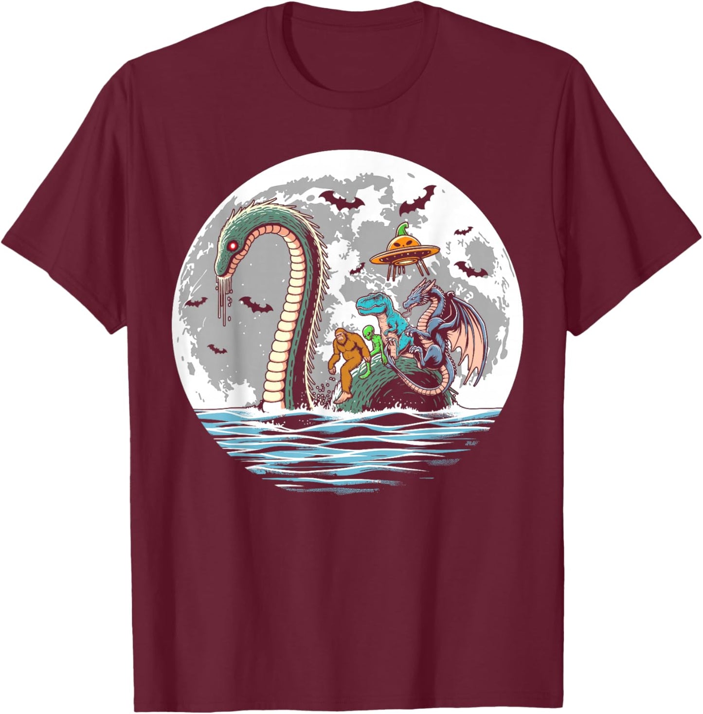 Halloween bigfoot alien loch Ness UFO Halloween party spooky T-Shirt - T-Shirt | Maroon