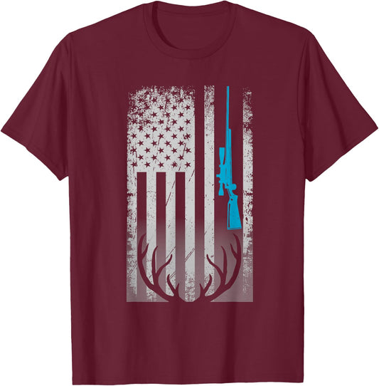 Patriotic American Flag Funny Deer Hunting Love Deer Hunters T-Shirt - T-Shirt | Maroon
