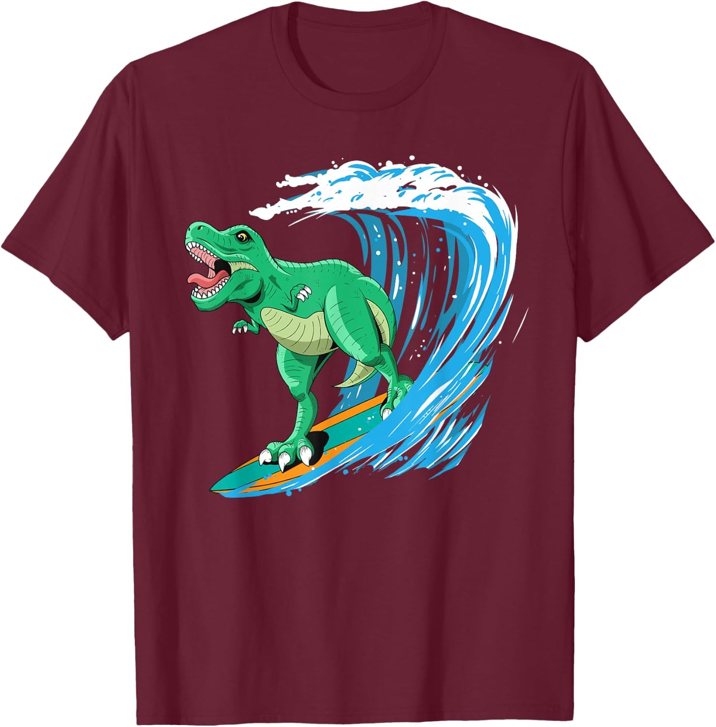 Funny T-Rex Surfing Dinosaur Summer Dino Beach Surfer Men Women Girls Kids T-Shirt - T-Shirt | Maroon