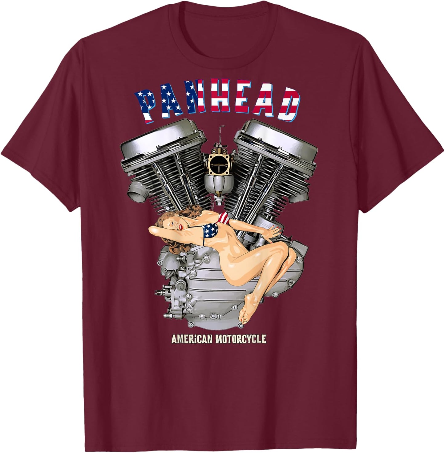 USA Panhead Motorcycle Sexy Retro Pinup Flag Biker Gear T-Shirt - T-Shirt | Maroon