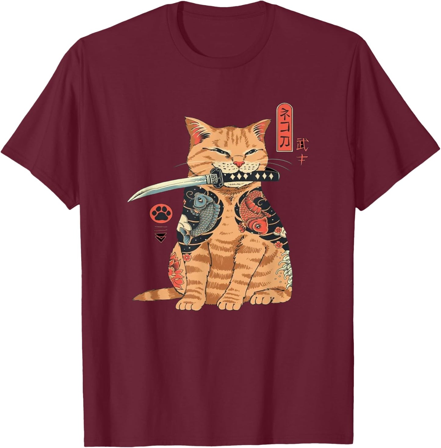 Alexamerch Cats Japanese Samurai Ninja Cat Kawaii Tattoo Graphic - Kids, Anime Fans, Casual Wear Lovers - - Black - Small - Short Sleeve - Classic Fit - Cotton, Polyester T-Shirt - T-Shirt | Maroon