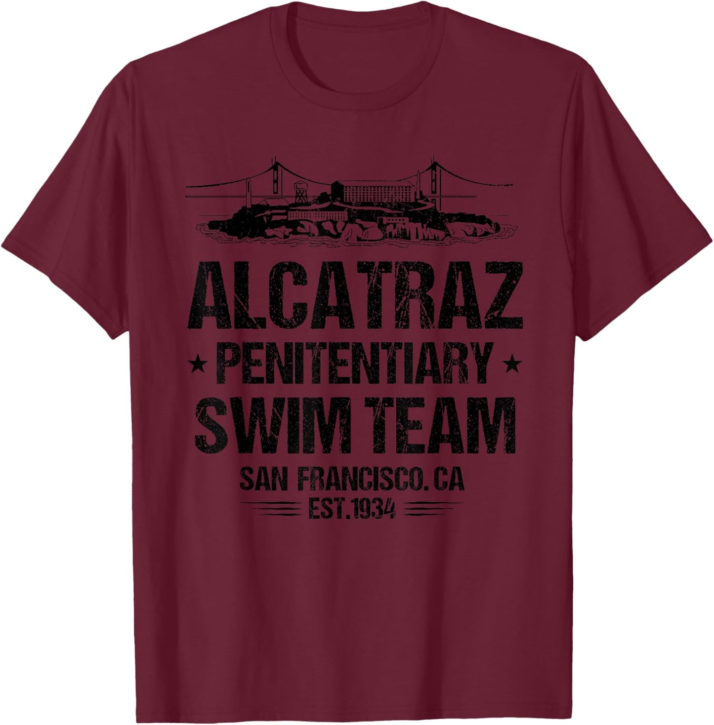 DauDesign Alcatraz Penitentiary Swim Team - Men's Grey Classic Fit Short Sleeve - Small T-Shirt - T-Shirt | Maroon