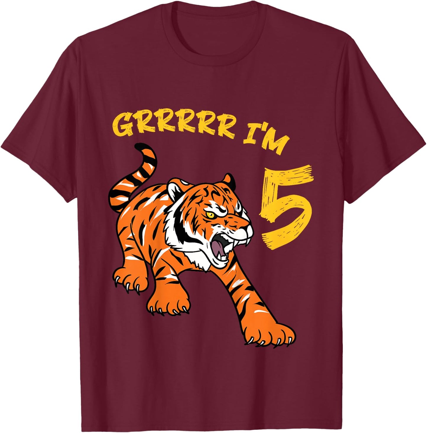 5th Birthday Tiger Grrrrr I'm 5 Year Old Boy Girl T-Shirt - T-Shirt | Maroon