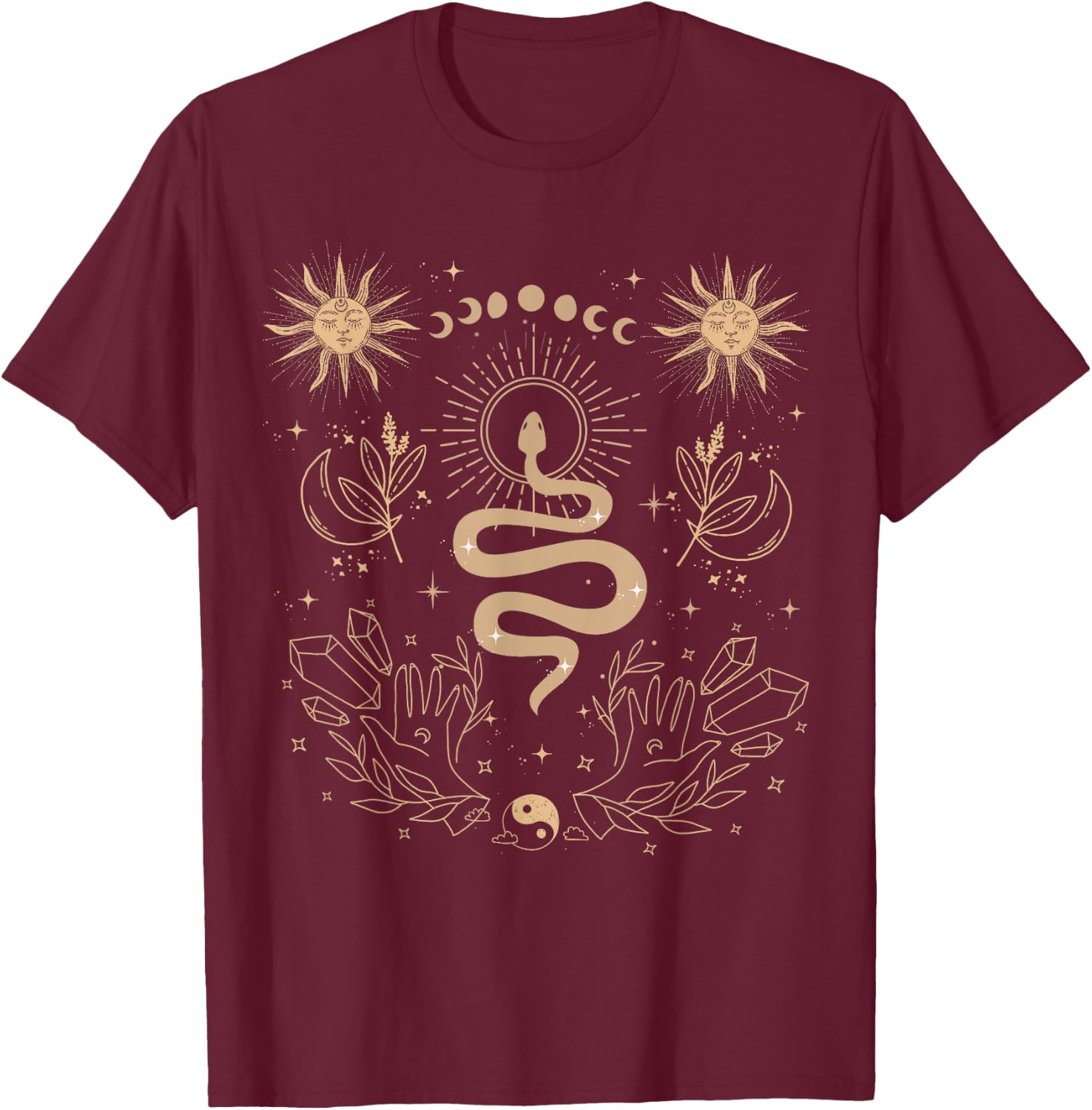 Dark Academia Tarot Card Sun Moon Crystals Witch Aesthetic T-Shirt - T-Shirt | Maroon