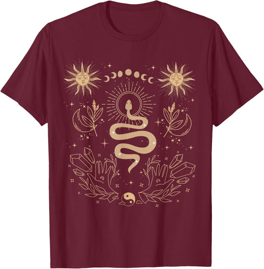 Dark Academia Tarot Card Sun Moon Crystals Witch Aesthetic T-Shirt - T-Shirt | Maroon
