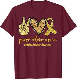 Peace Love Cure Childhood Cancer Awareness Leopart Ribbon T-Shirt - T-Shirt | Maroon