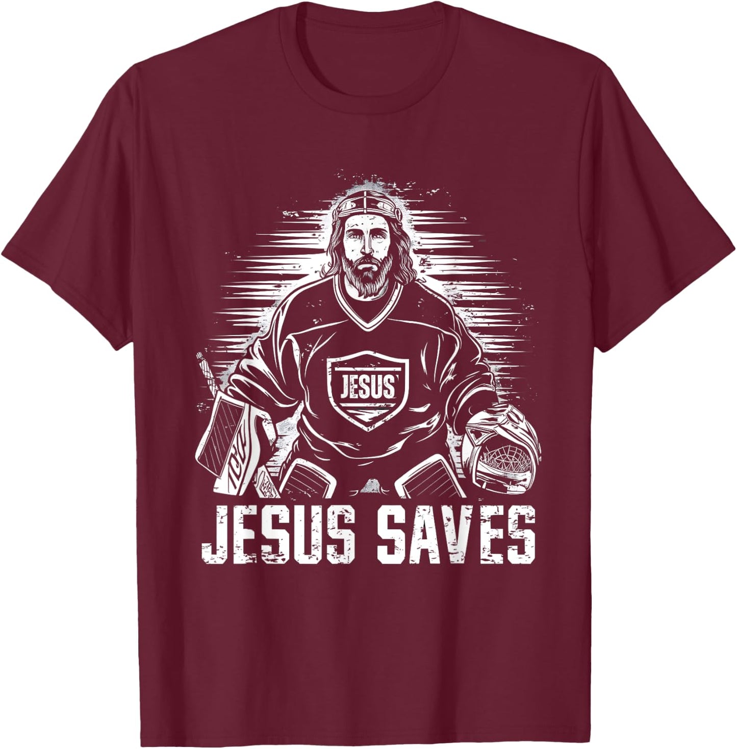 Jesus Saves Ice Hockey Goalie Funny Christian Religion Sport T-Shirt - T-Shirt | Maroon