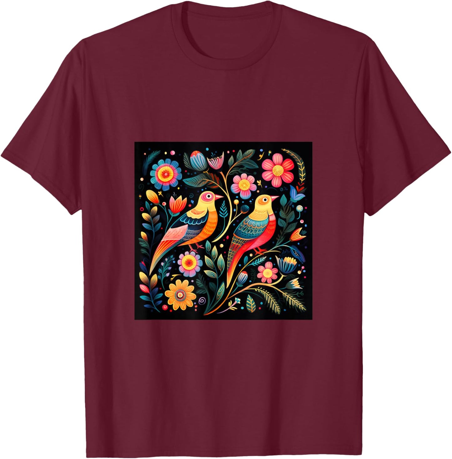 Mexican Embroidery Pattern Art Birds Flowers T-Shirt - T-Shirt | Maroon