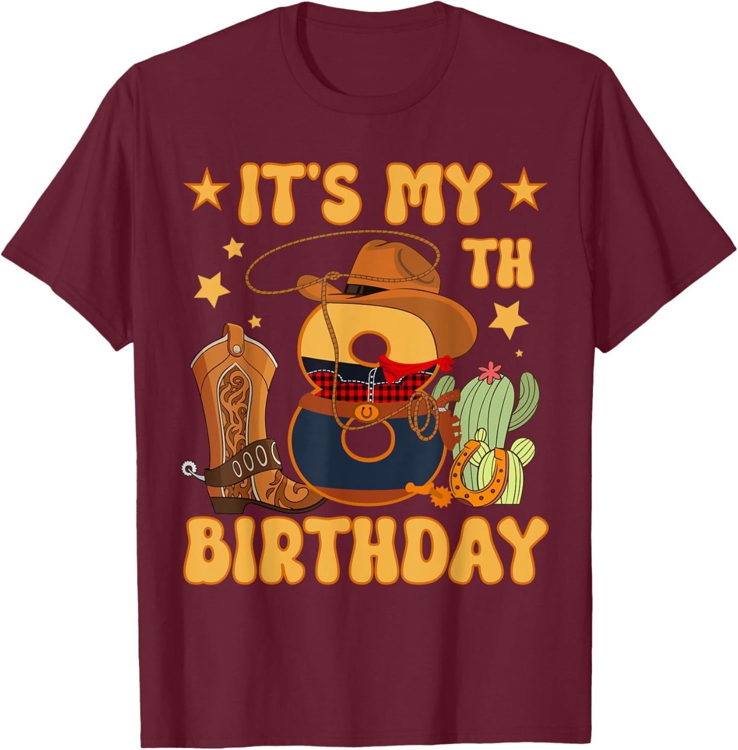 It's My 8th Birthday Cowboy Rodeo Horse 8 Year Old Bday Boy T-Shirt - T-Shirt | Maroon