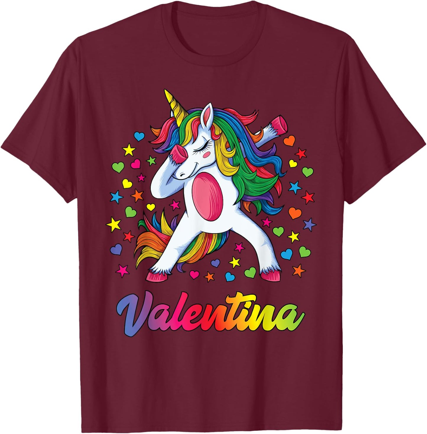 Valentina Dabbing Unicorn Rainbow Personalized Name Custom T-Shirt - T-Shirt | Maroon