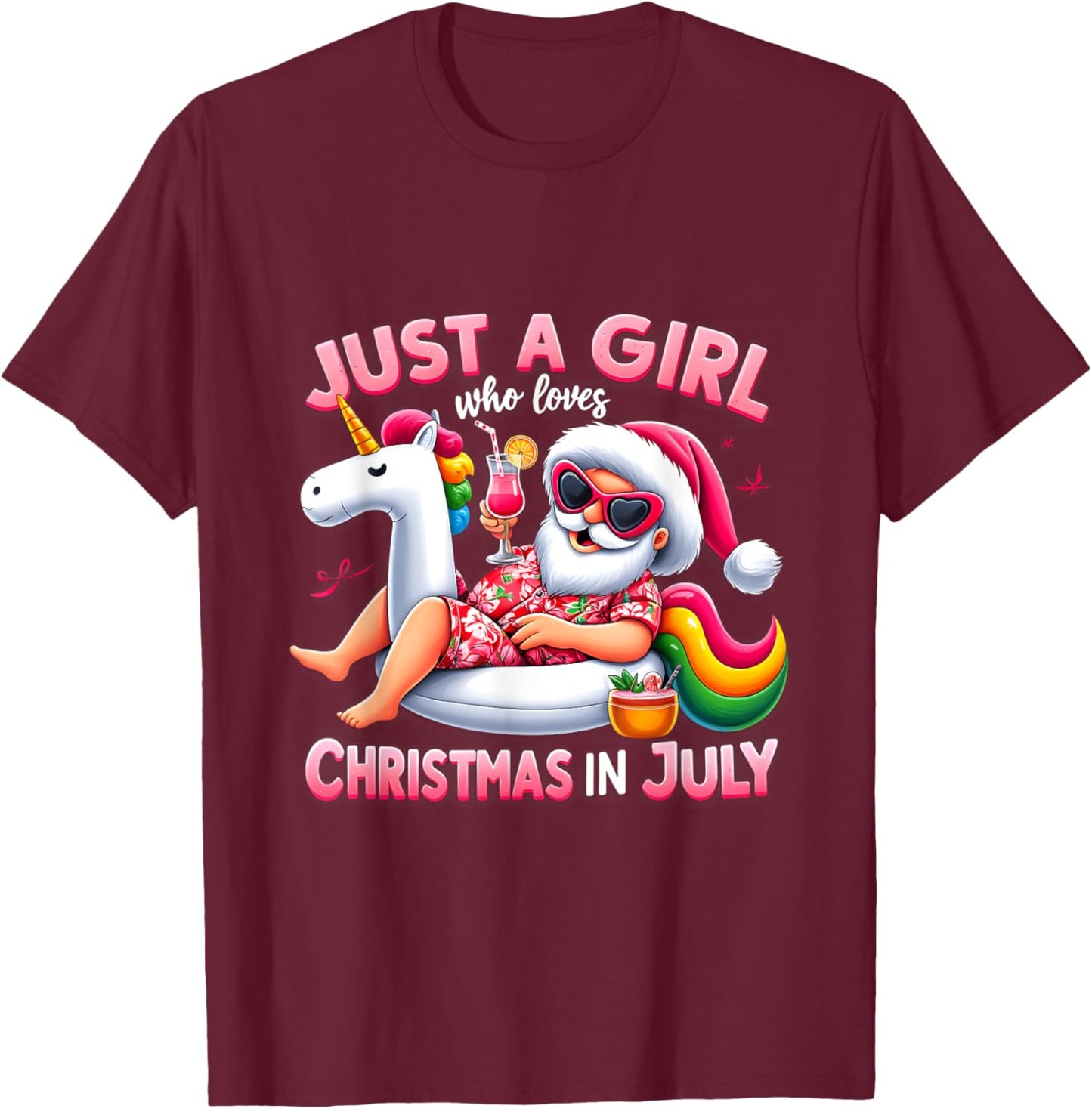 Just A Girl Who Loves Christmas in July Funny Santa Unicorn T-Shirt - T-Shirt | Maroon