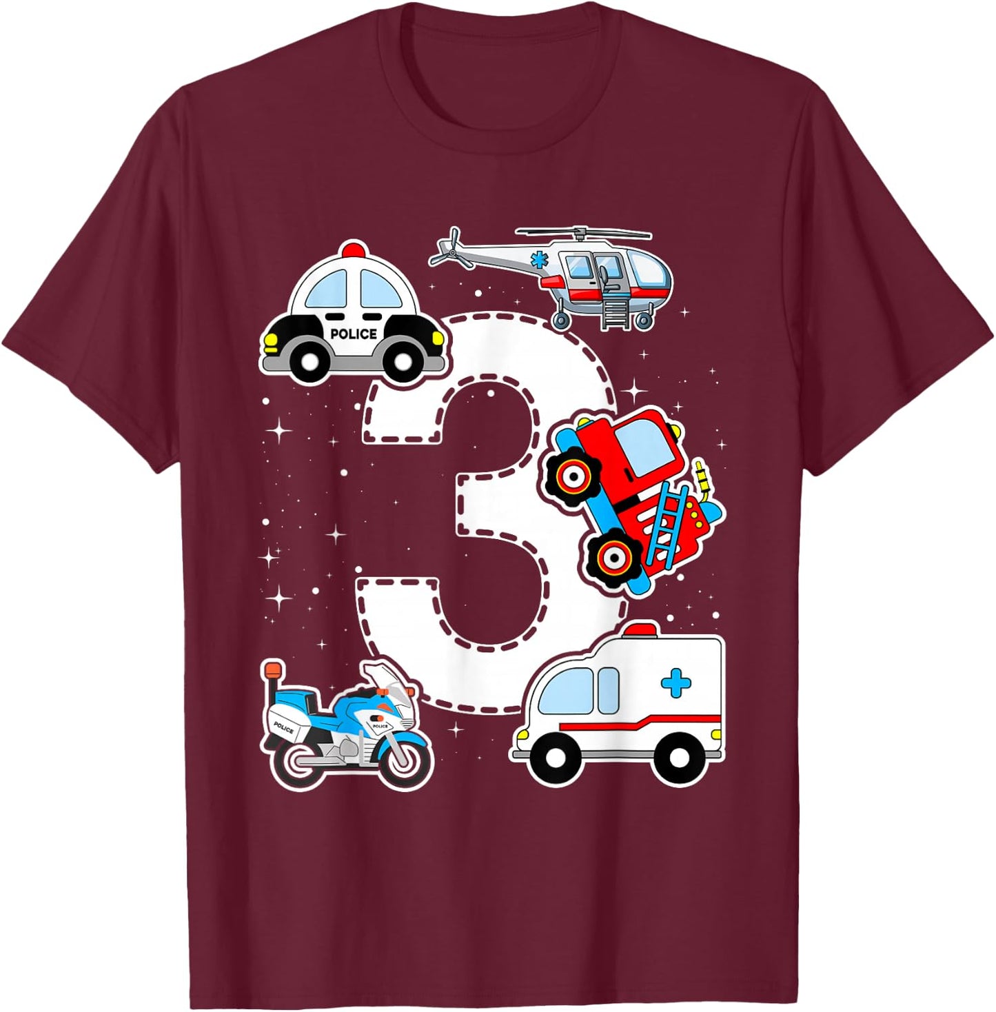 Emergency Vehicles 3rd Birthday Fire Truck Police Car Boys T-Shirt - T-Shirt | Maroon