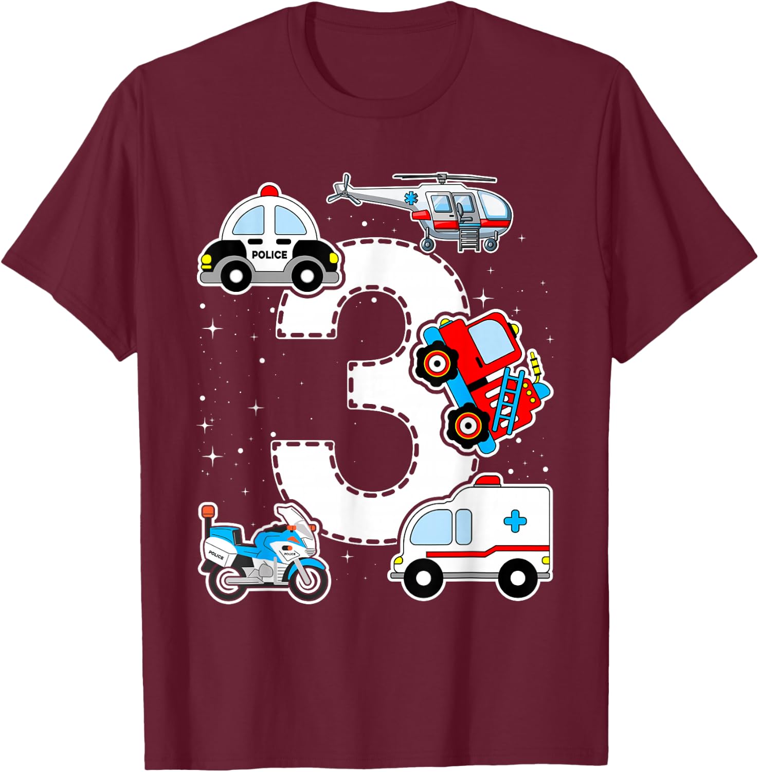 Emergency Vehicles 3rd Birthday Fire Truck Police Car Boys T-Shirt - T-Shirt | Maroon