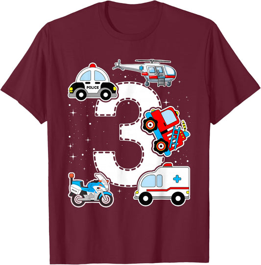 Emergency Vehicles 3rd Birthday Fire Truck Police Car Boys T-Shirt - T-Shirt | Maroon