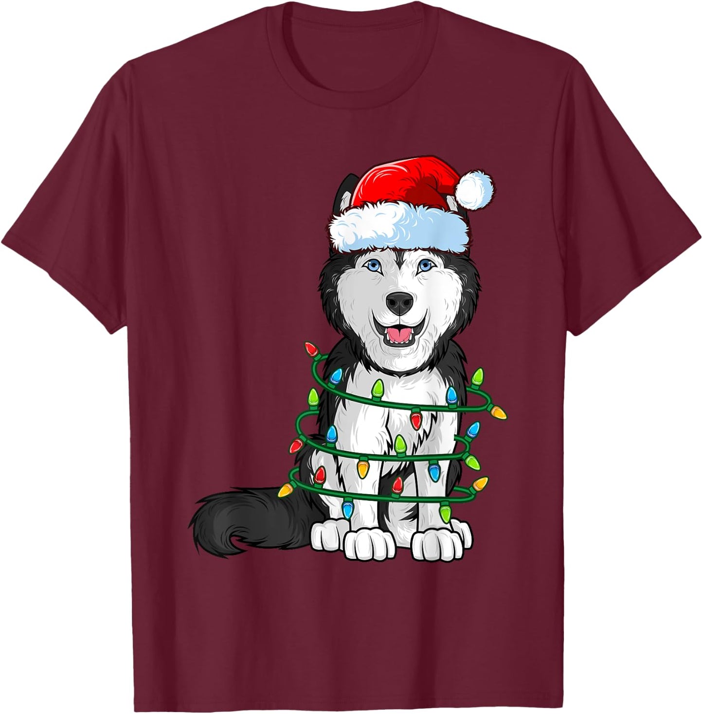 Siberian Husky Christmas Santa Hat Xmas Lights Dog Boys Girl T-Shirt - T-Shirt | Maroon
