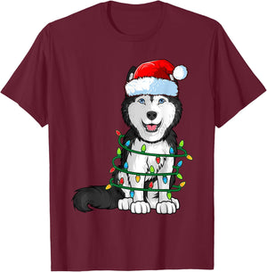 Siberian Husky Christmas Santa Hat Xmas Lights Dog Boys Girl T-Shirt - T-Shirt | Maroon