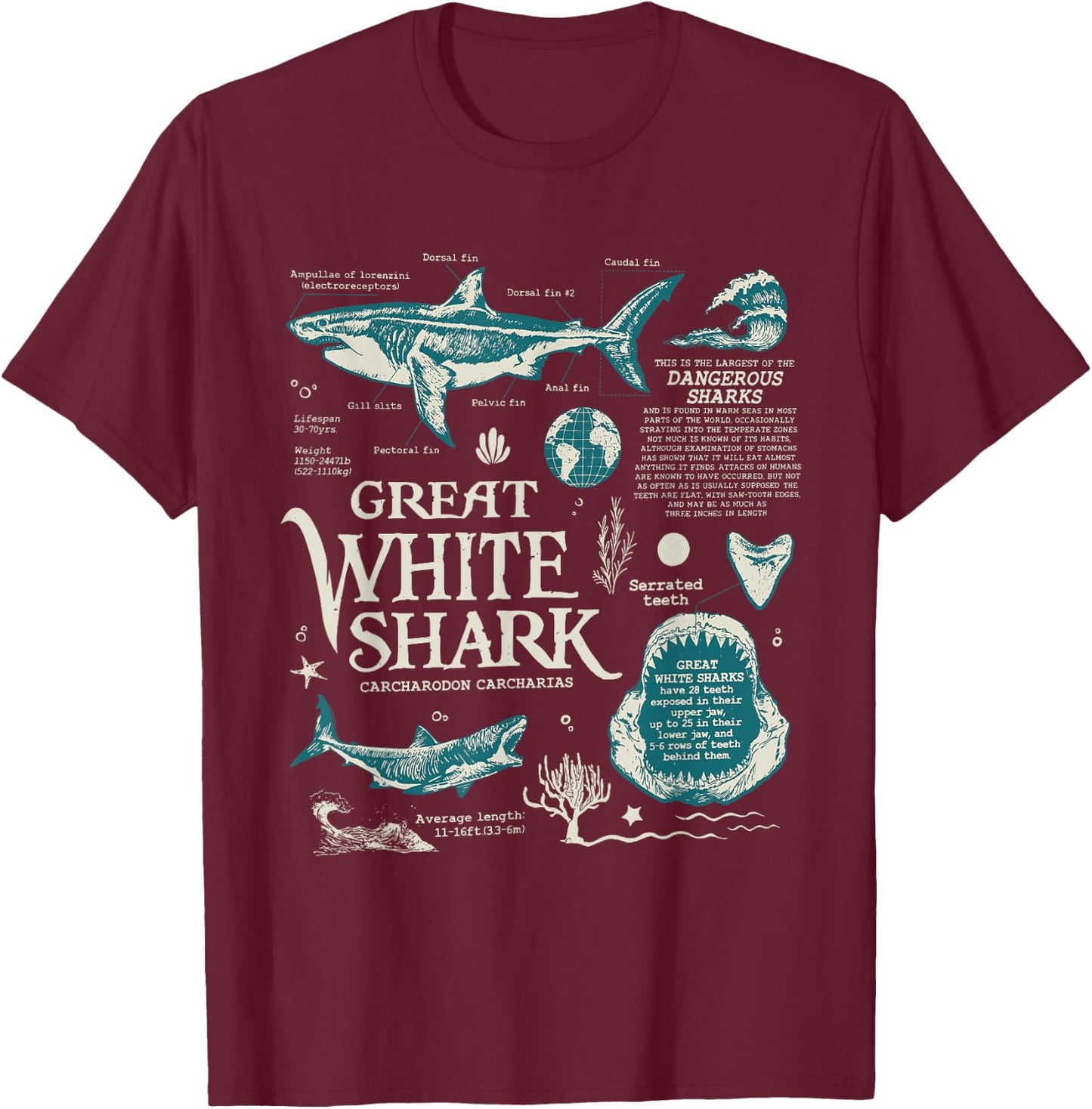 Great White Shark Anatomy , Marine Biologist T-Shirt - T-Shirt | Maroon