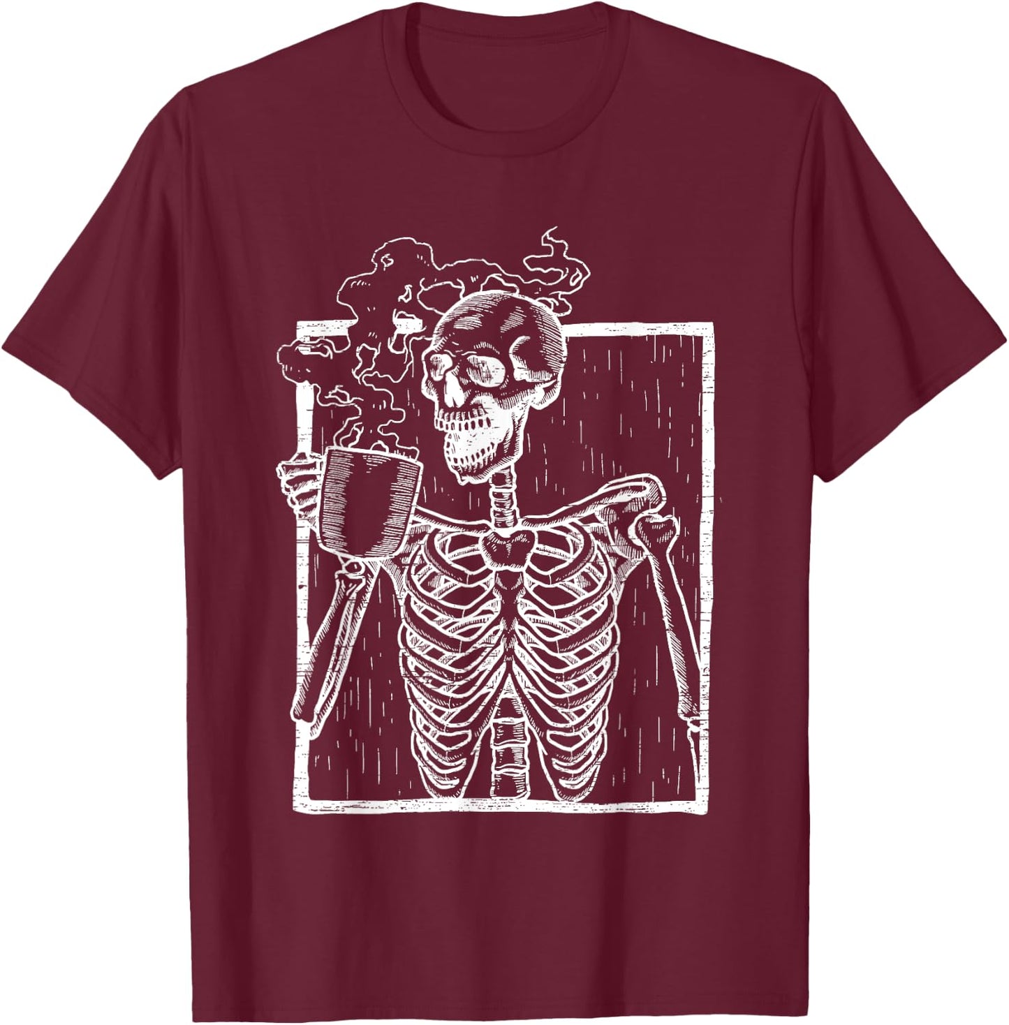 Distressed Skeleton Vintage Smiling Skull drinking Coffee T-Shirt - T-Shirt | Maroon