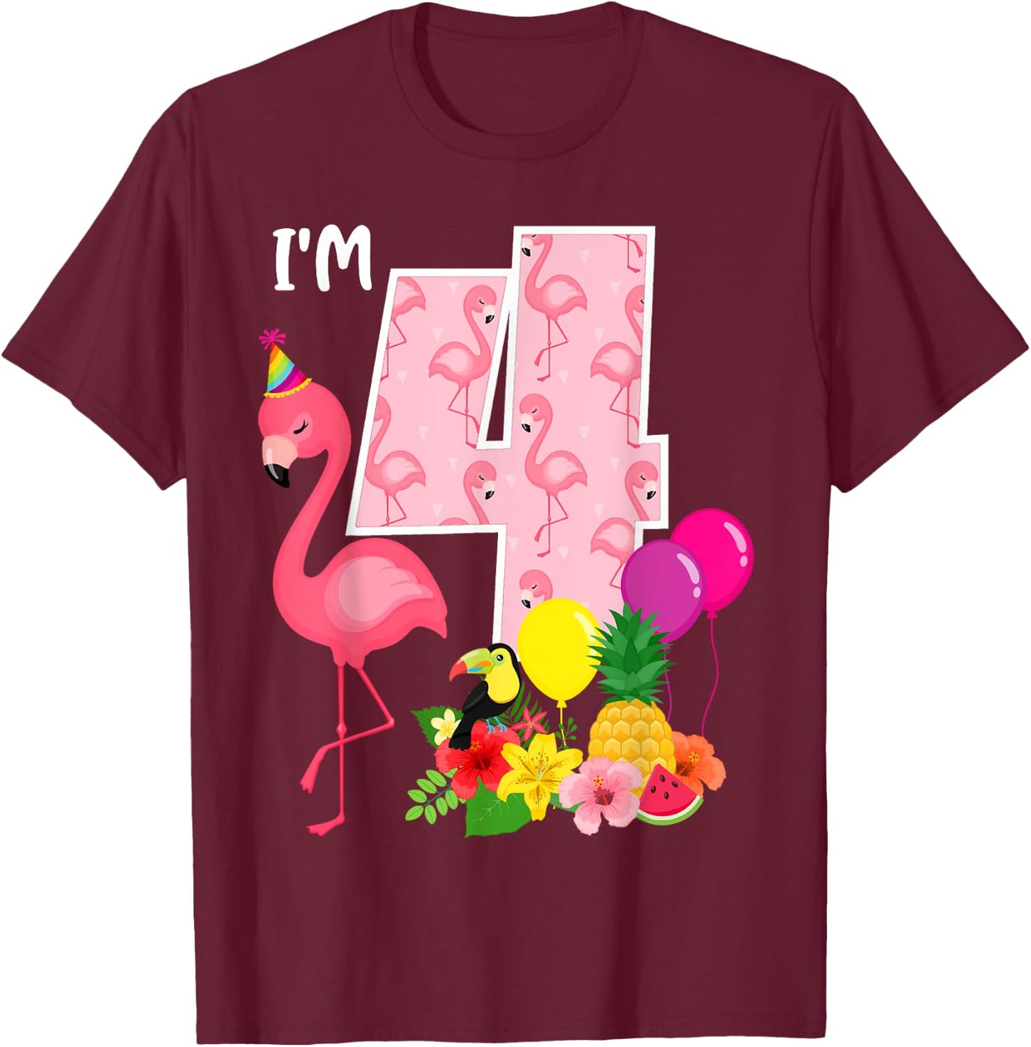 Flamingo Birthday I'm 4 Tropical Flamingo Theme 4th Birthday T-Shirt - T-Shirt | Maroon