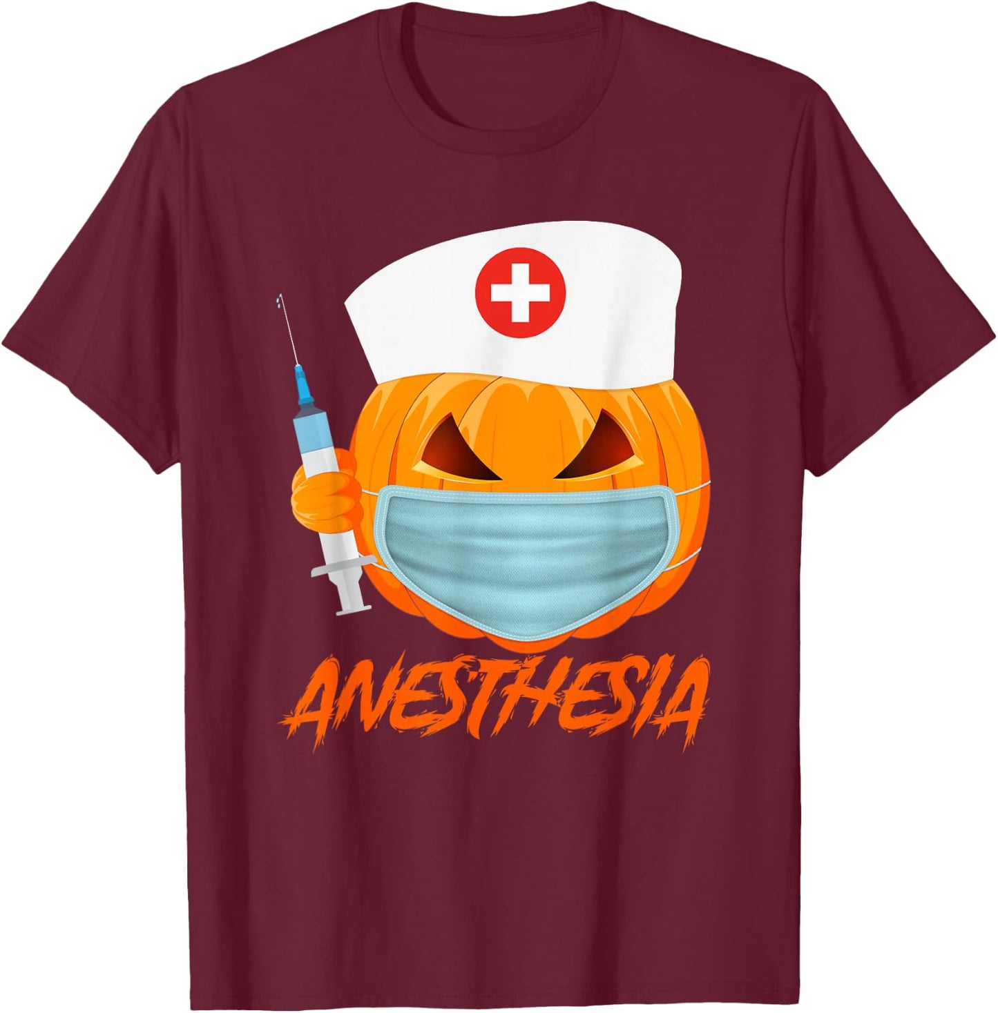 Halloween ANESTHESIA Pumpkin Wearing a mask Nurse T-Shirt - T-Shirt | Maroon