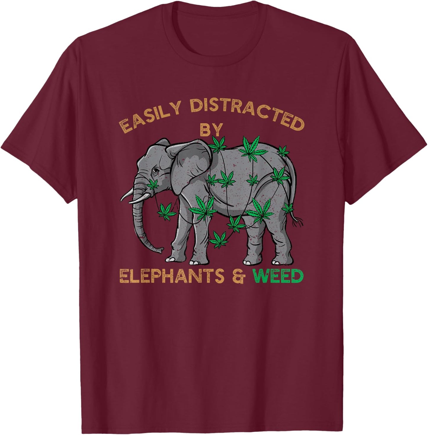 Tender Buds Easily Distracted By Elephants and Weed Black Cotton Blend T-Shirt - T-Shirt | Maroon