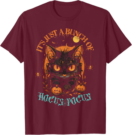 Vintage Halloween Black Cat It's Just A Bunch of Hocus Pocus Men Women T-Shirt - T-Shirt | Maroon