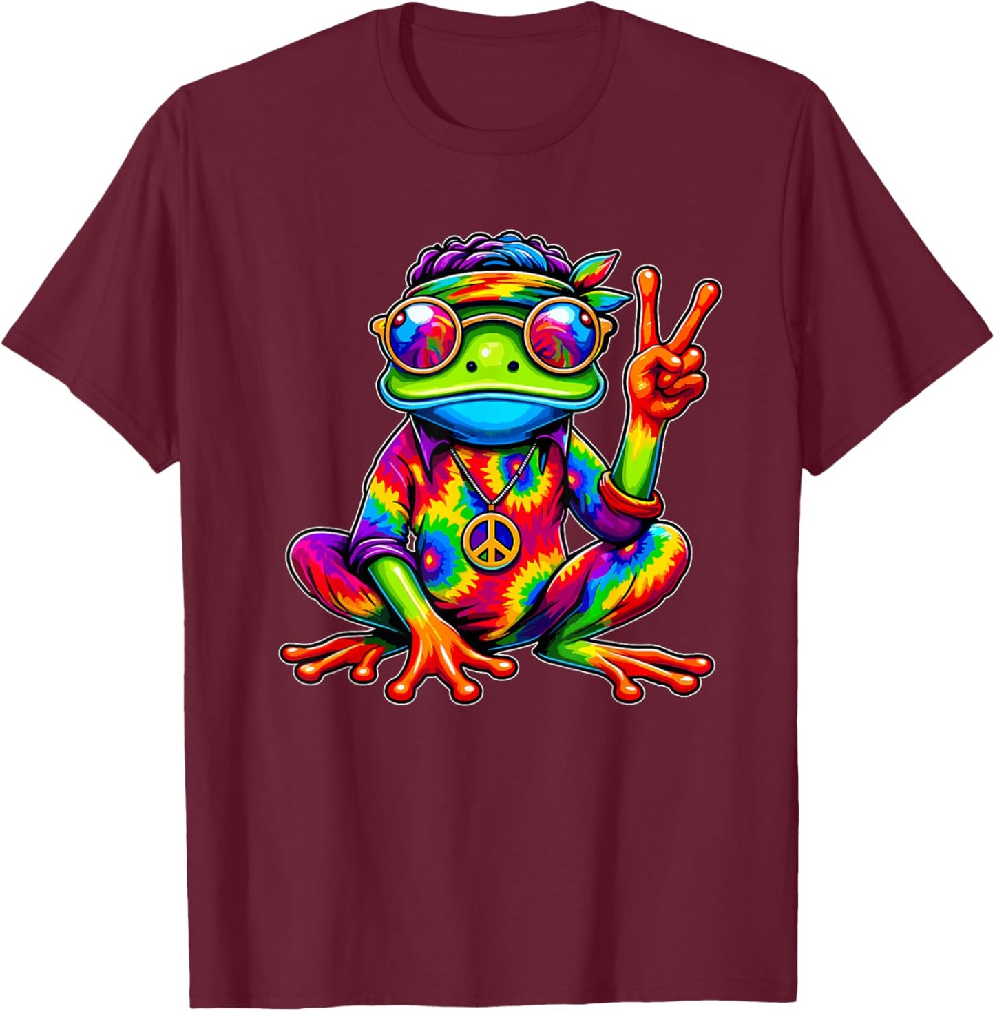 Hippie Tie-Dye Frog, 70s Party & 60s Costume, Peace Sign T-Shirt - T-Shirt | Maroon
