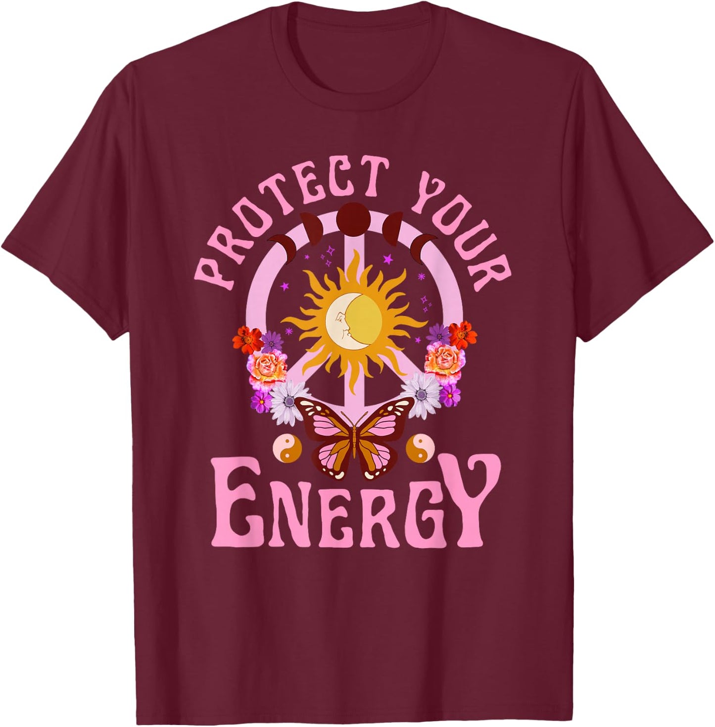Protect Your Energy Graphic Top peace moon celestial hippie T-Shirt - T-Shirt | Maroon