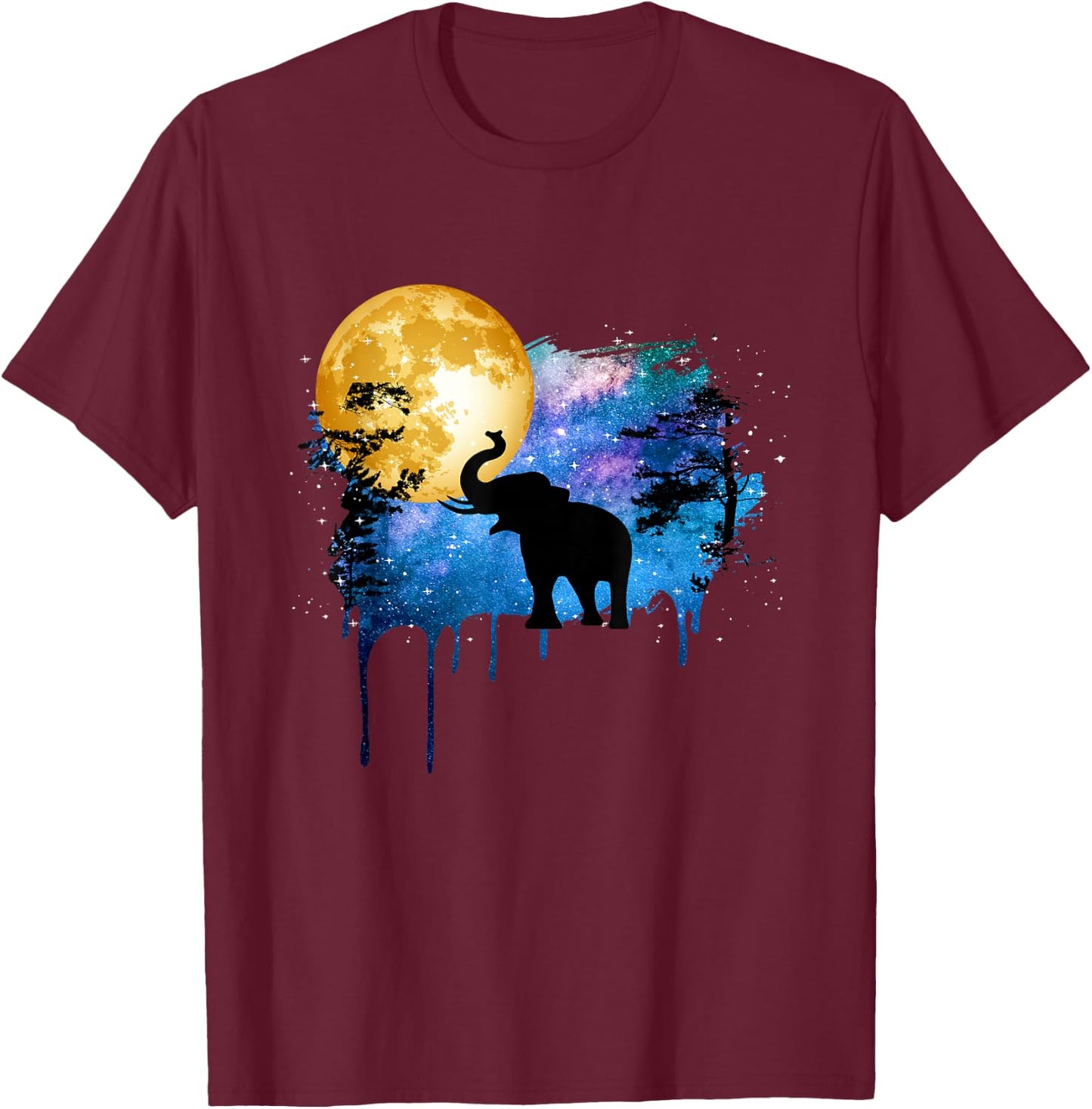 Elephant Full Moon Galaxy Star Night Nature Graphic Art T-Shirt - T-Shirt | Maroon