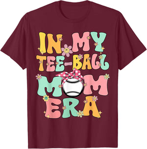 In My Teeball Mom Era Retro Groovy Tball Mom Tball Mama Cute T-Shirt - T-Shirt | Maroon