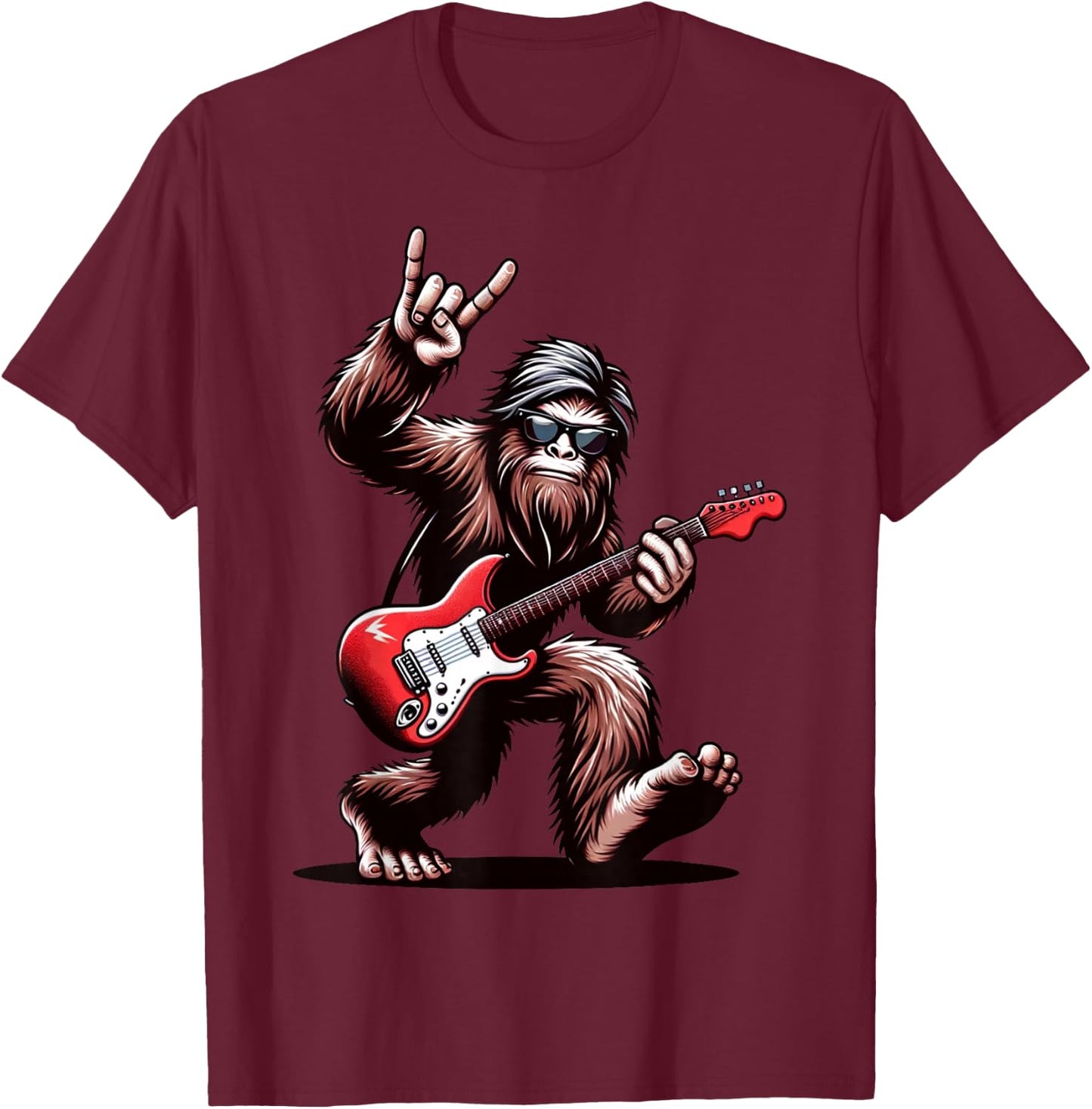 Bigfoot Rock On Sasquatch Rock and Roll Playing Guitar Music T-Shirt - T-Shirt | Maroon